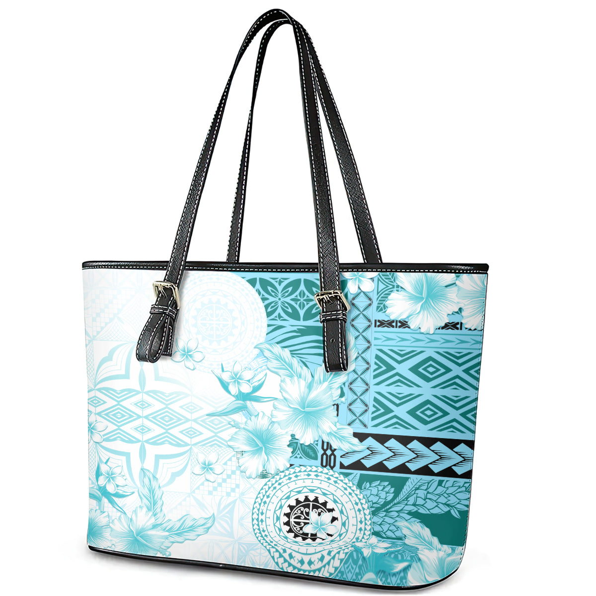 Samoa Siapo Pattern With Teal Hibiscus Leather Tote Bag LT05 - Polynesian Pride