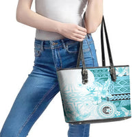 Samoa Siapo Pattern With Teal Hibiscus Leather Tote Bag LT05 - Polynesian Pride