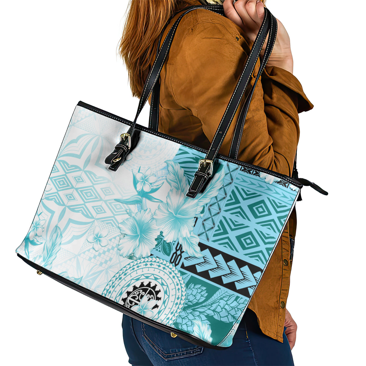 Samoa Siapo Pattern With Teal Hibiscus Leather Tote Bag LT05 - Polynesian Pride