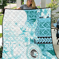 Samoa Siapo Pattern With Teal Hibiscus Quilt LT05 Teal - Polynesian Pride