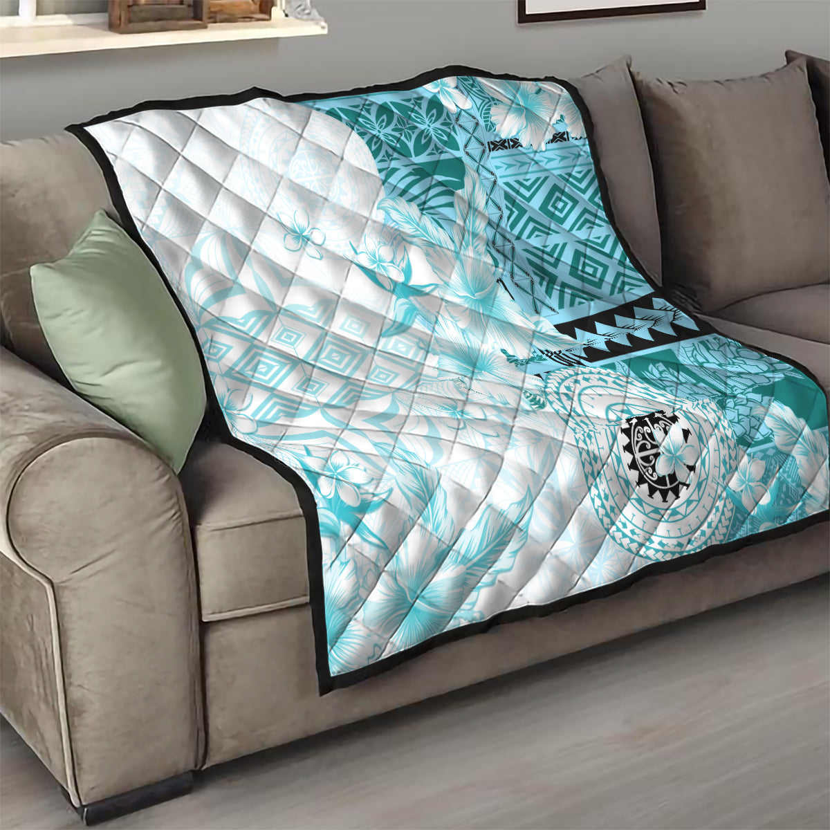 Samoa Siapo Pattern With Teal Hibiscus Quilt LT05 - Polynesian Pride