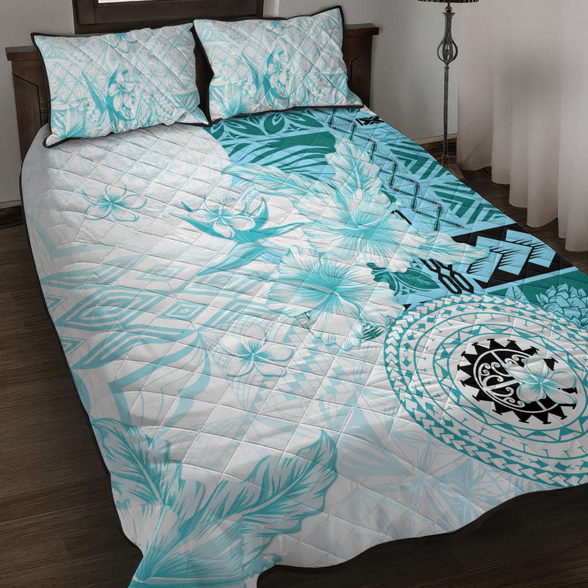 Samoa Siapo Pattern With Teal Hibiscus Quilt Bed Set LT05 Teal - Polynesian Pride