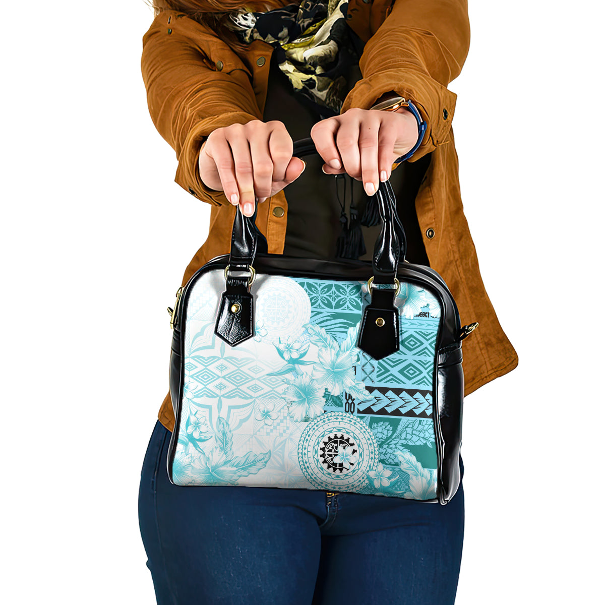 Samoa Siapo Pattern With Teal Hibiscus Shoulder Handbag LT05 One Size Teal - Polynesian Pride