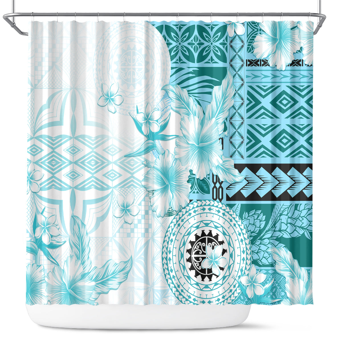 Samoa Siapo Pattern With Teal Hibiscus Shower Curtain LT05 Teal - Polynesian Pride