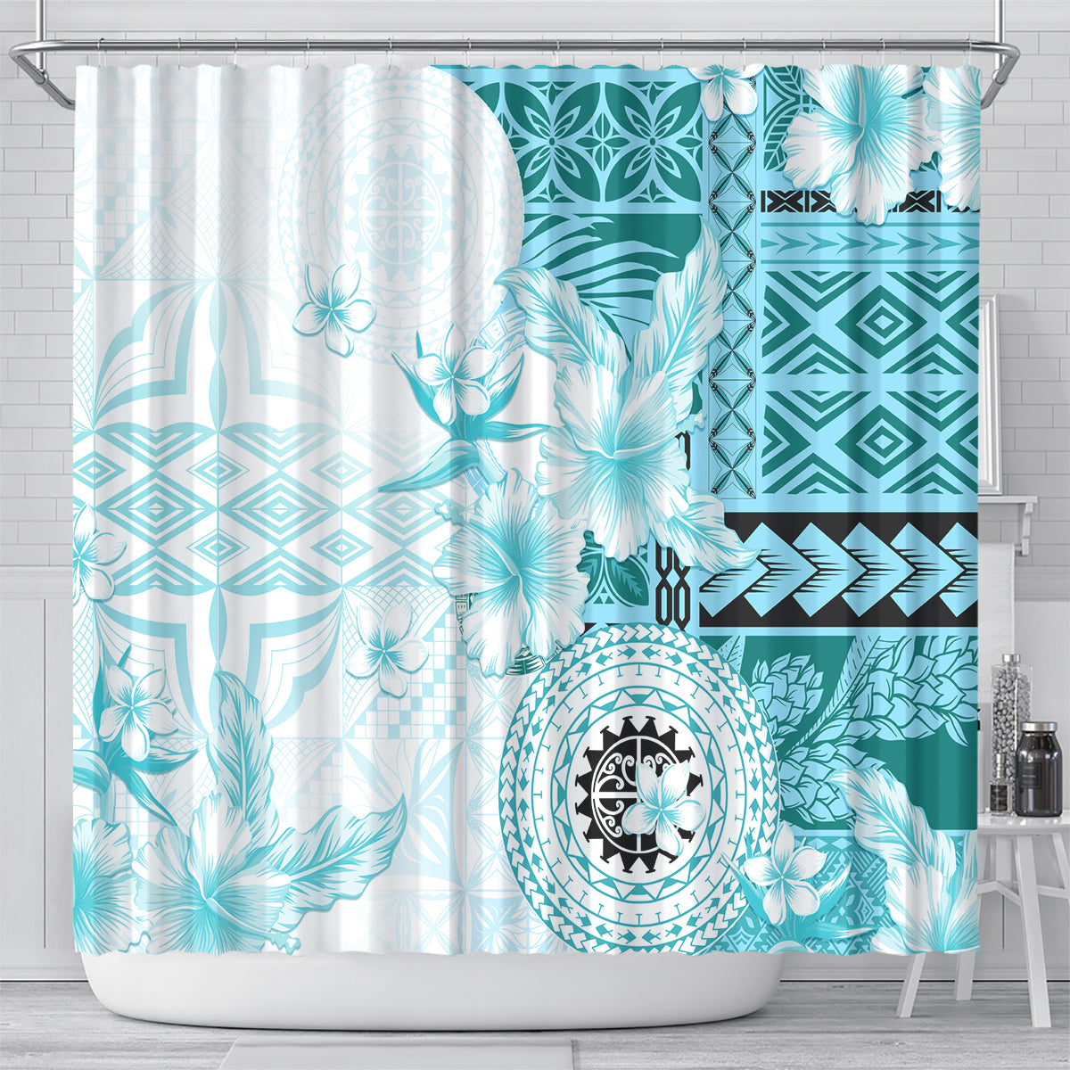 Samoa Siapo Pattern With Teal Hibiscus Shower Curtain LT05 - Polynesian Pride