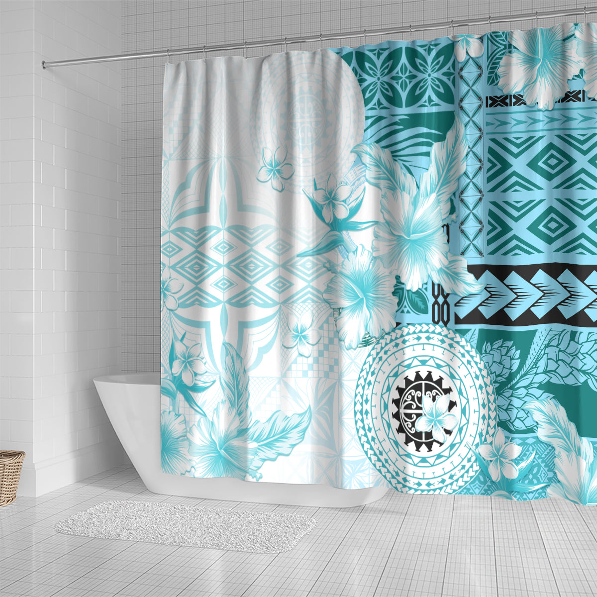 Samoa Siapo Pattern With Teal Hibiscus Shower Curtain LT05 - Polynesian Pride