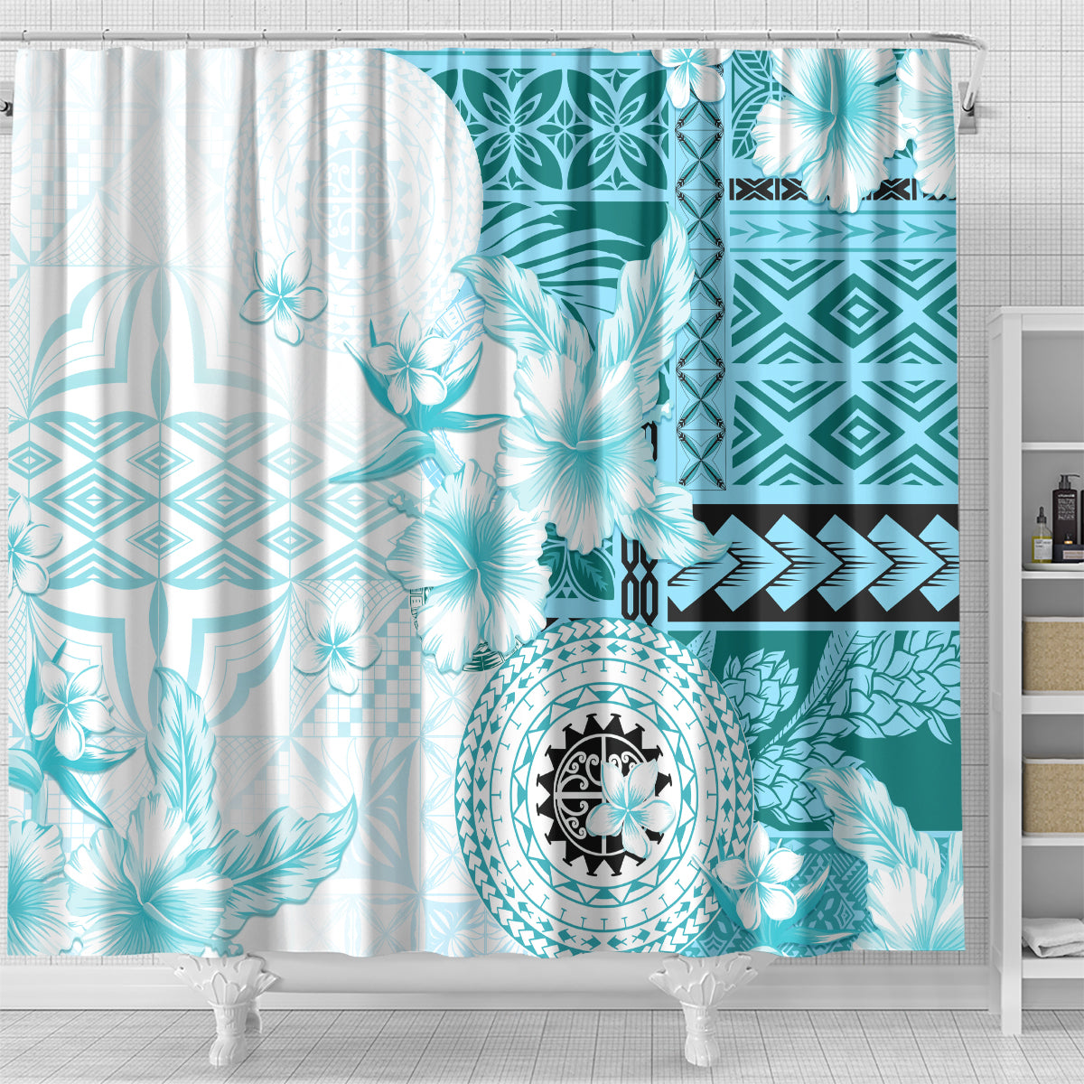 Samoa Siapo Pattern With Teal Hibiscus Shower Curtain LT05 - Polynesian Pride