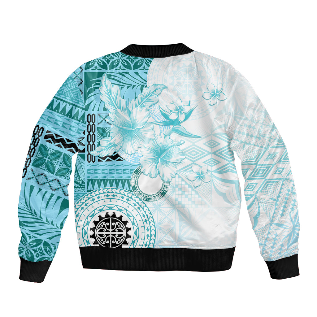 Samoa Siapo Pattern With Teal Hibiscus Sleeve Zip Bomber Jacket LT05 - Polynesian Pride