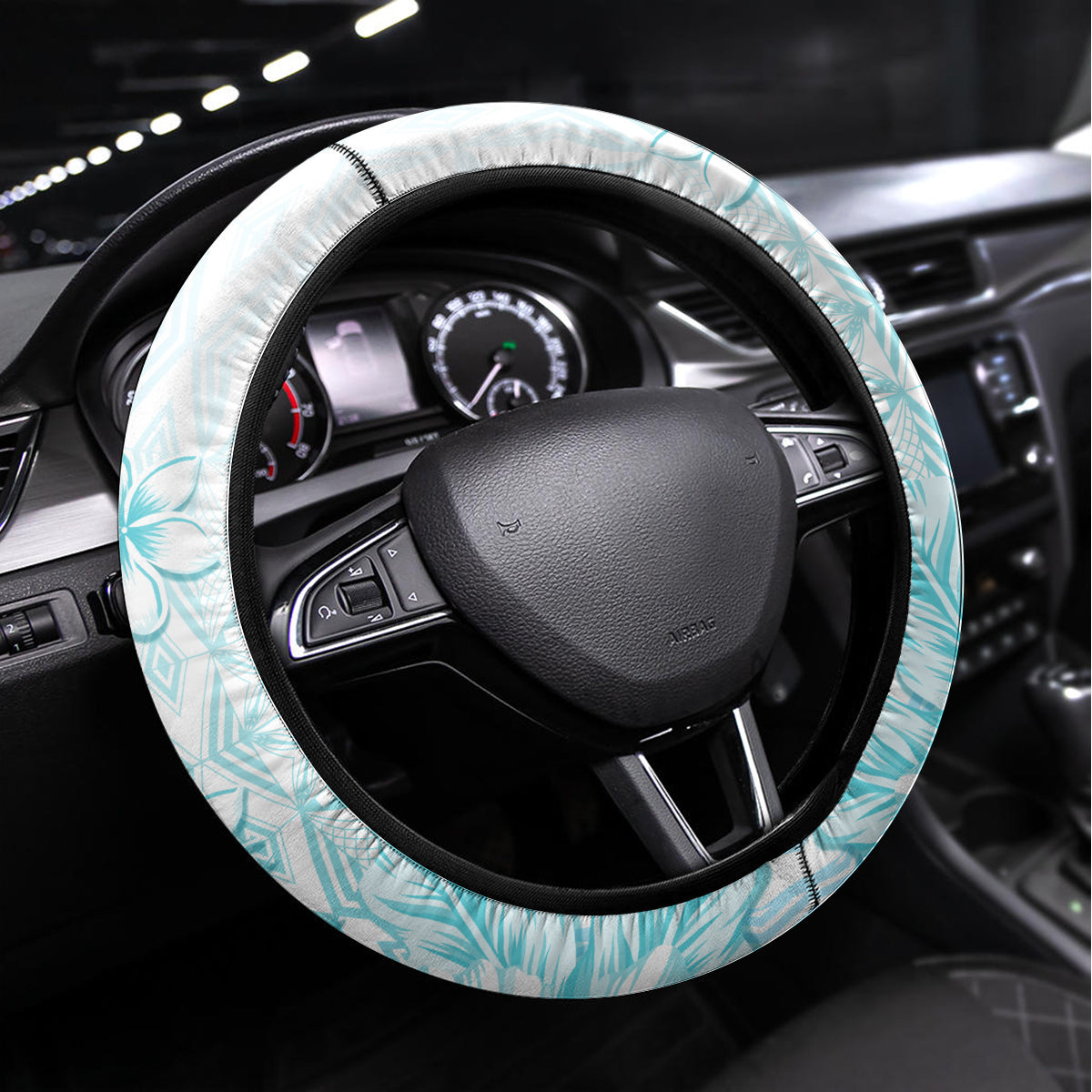 Samoa Siapo Pattern With Teal Hibiscus Steering Wheel Cover LT05 Universal Fit Teal - Polynesian Pride