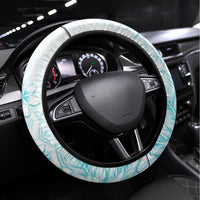 Samoa Siapo Pattern With Teal Hibiscus Steering Wheel Cover LT05 Universal Fit Teal - Polynesian Pride
