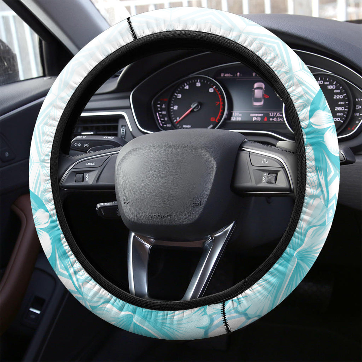 Samoa Siapo Pattern With Teal Hibiscus Steering Wheel Cover LT05 - Polynesian Pride