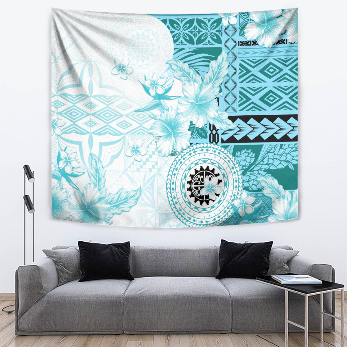 Samoa Siapo Pattern With Teal Hibiscus Tapestry LT05 Teal - Polynesian Pride