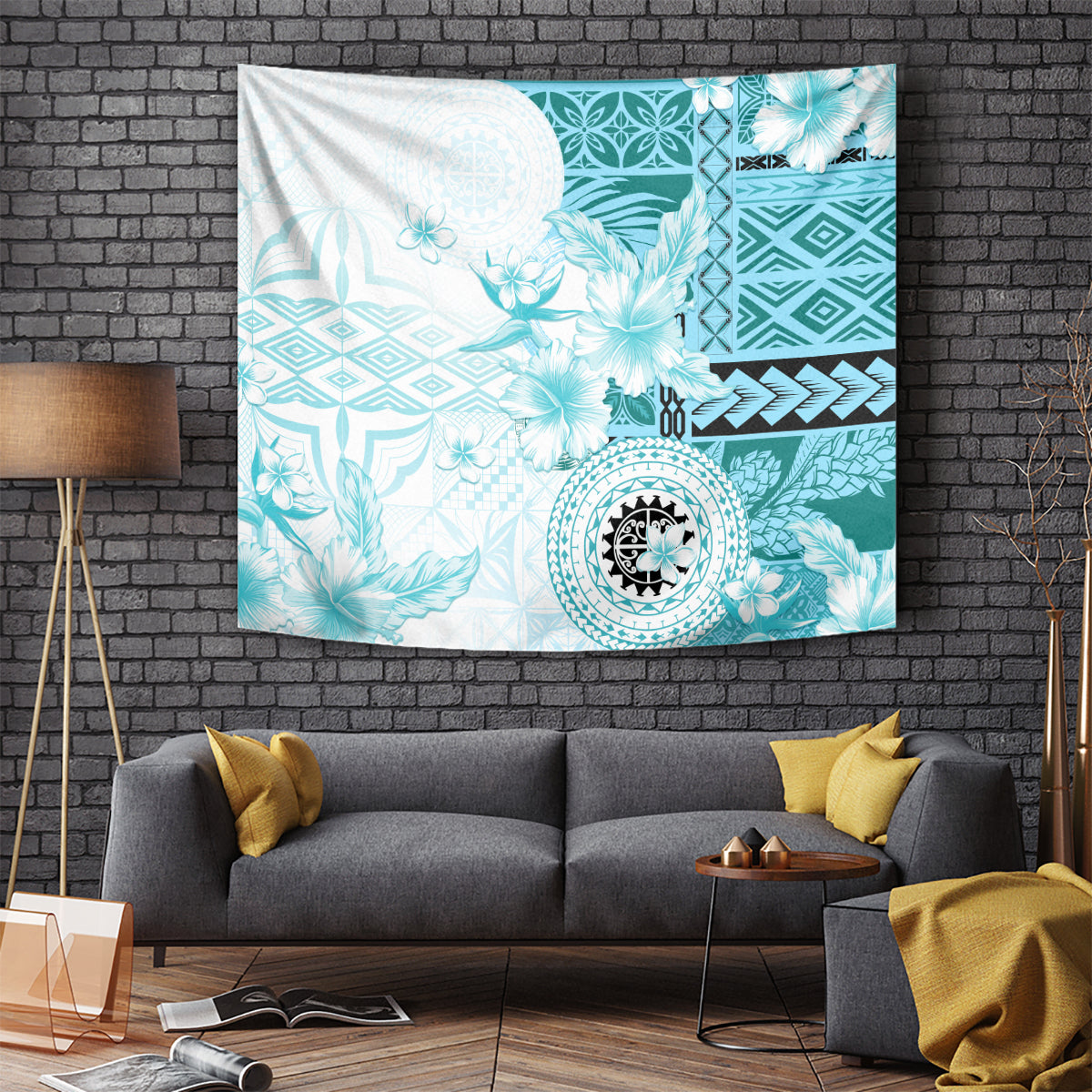 Samoa Siapo Pattern With Teal Hibiscus Tapestry LT05 - Polynesian Pride