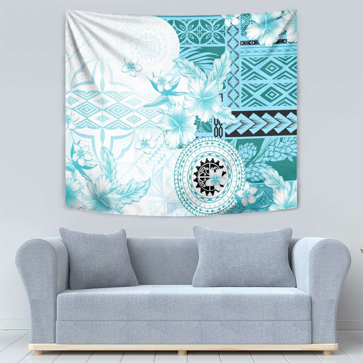 Samoa Siapo Pattern With Teal Hibiscus Tapestry LT05 - Polynesian Pride