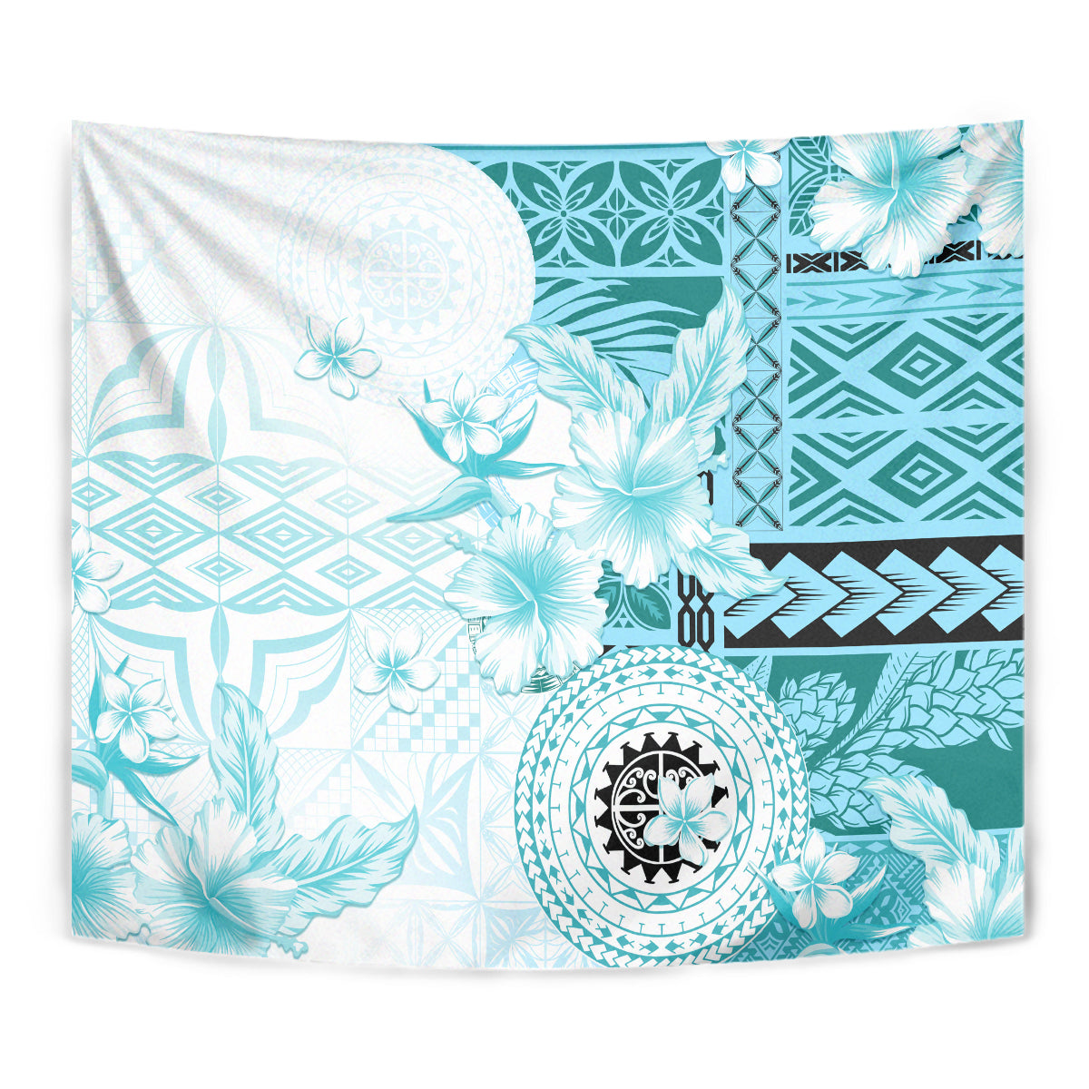 Samoa Siapo Pattern With Teal Hibiscus Tapestry LT05 - Polynesian Pride