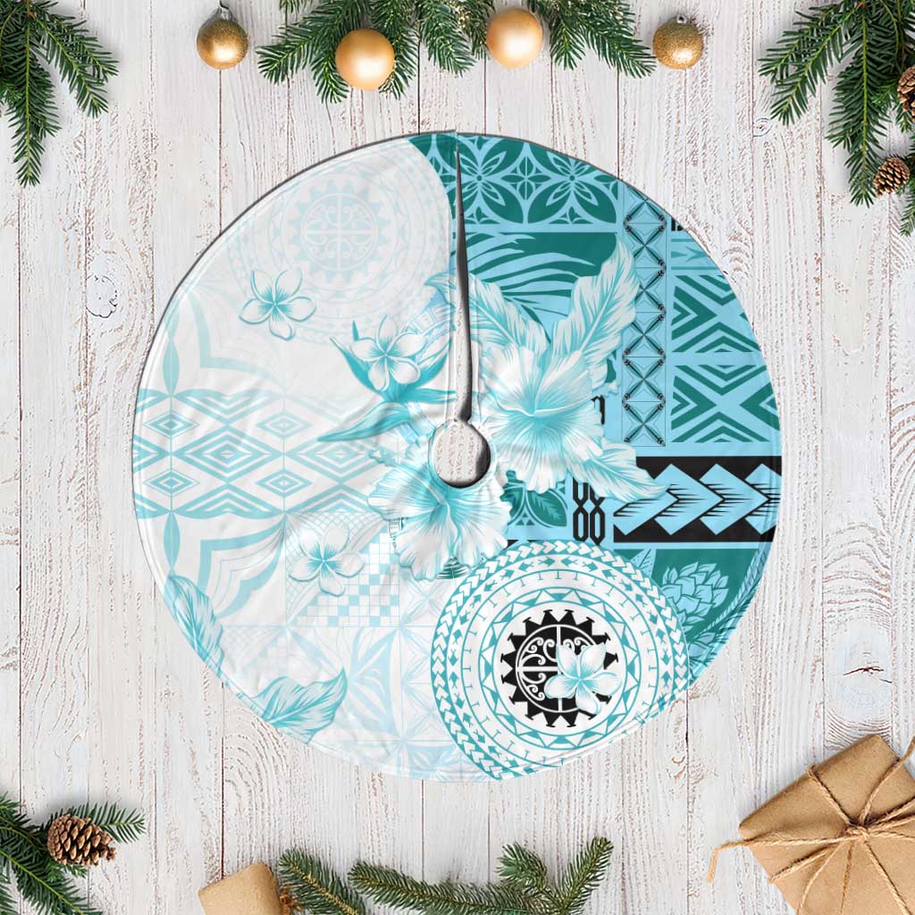 Samoa Siapo Pattern With Teal Hibiscus Tree Skirt LT05 Casual Teal - Polynesian Pride