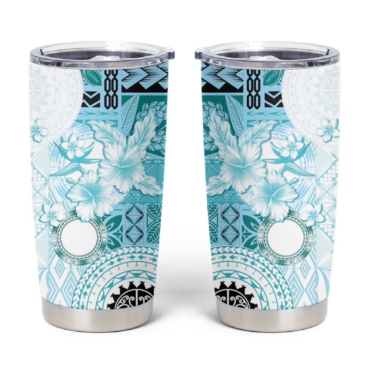 Samoa Siapo Pattern With Teal Hibiscus Tumbler Cup LT05 Teal - Polynesian Pride