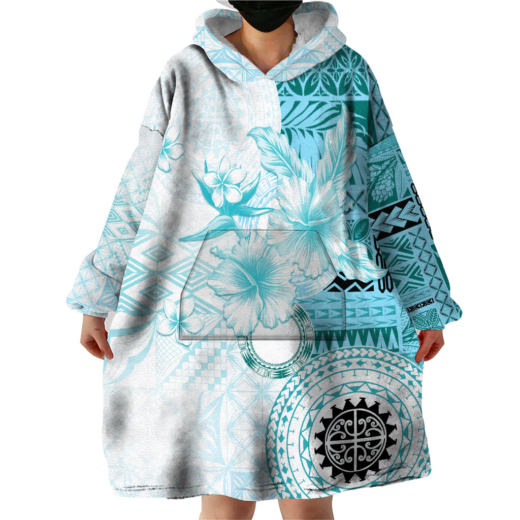 Samoa Siapo Pattern With Teal Hibiscus Wearable Blanket Hoodie LT05 - Polynesian Pride