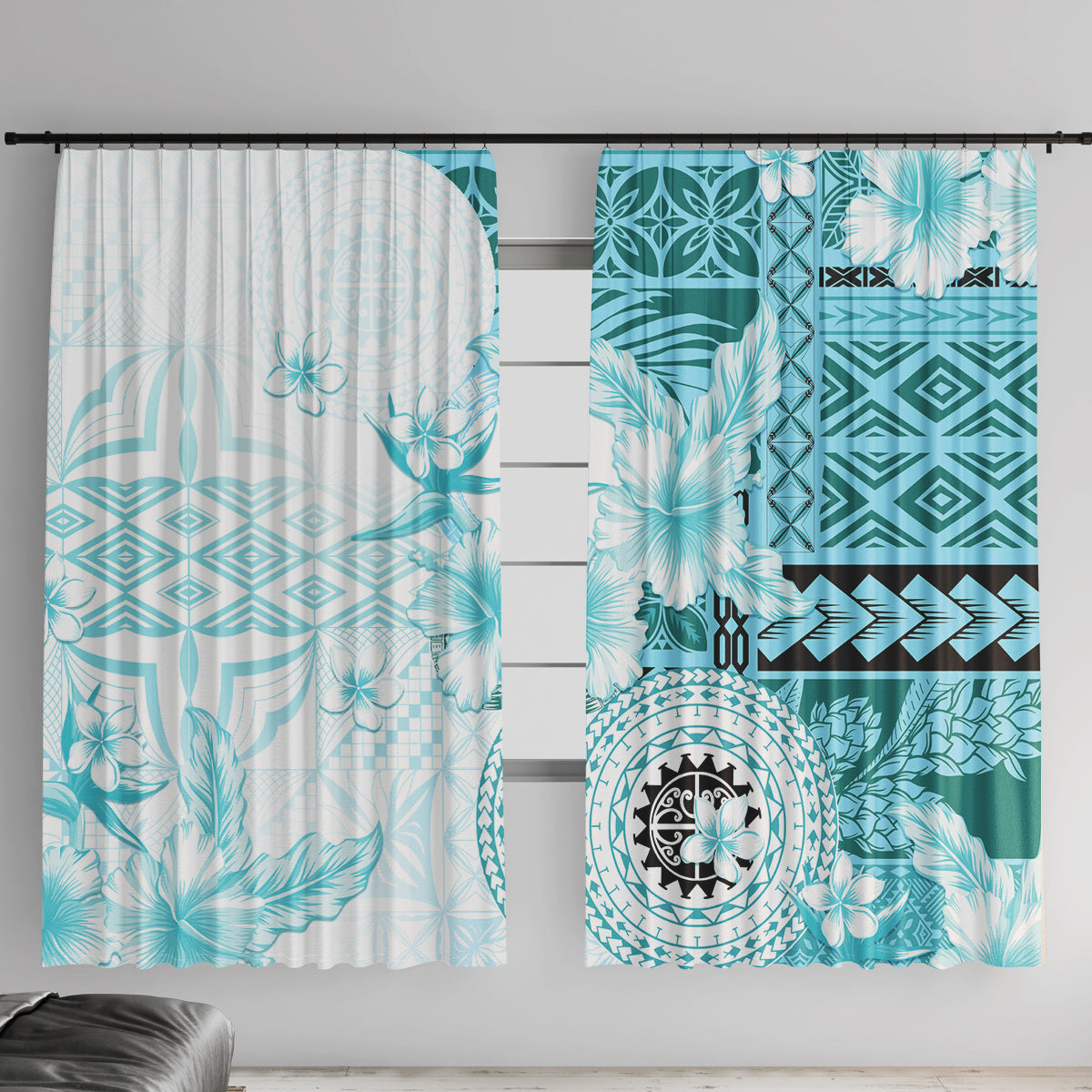 Samoa Siapo Pattern With Teal Hibiscus Window Curtain LT05 With Hooks Teal - Polynesian Pride