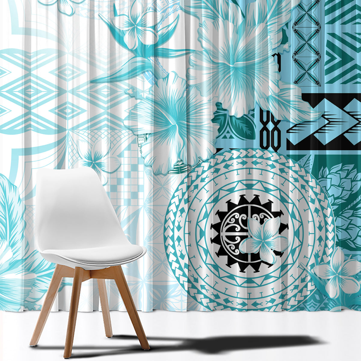 Samoa Siapo Pattern With Teal Hibiscus Window Curtain LT05 - Polynesian Pride