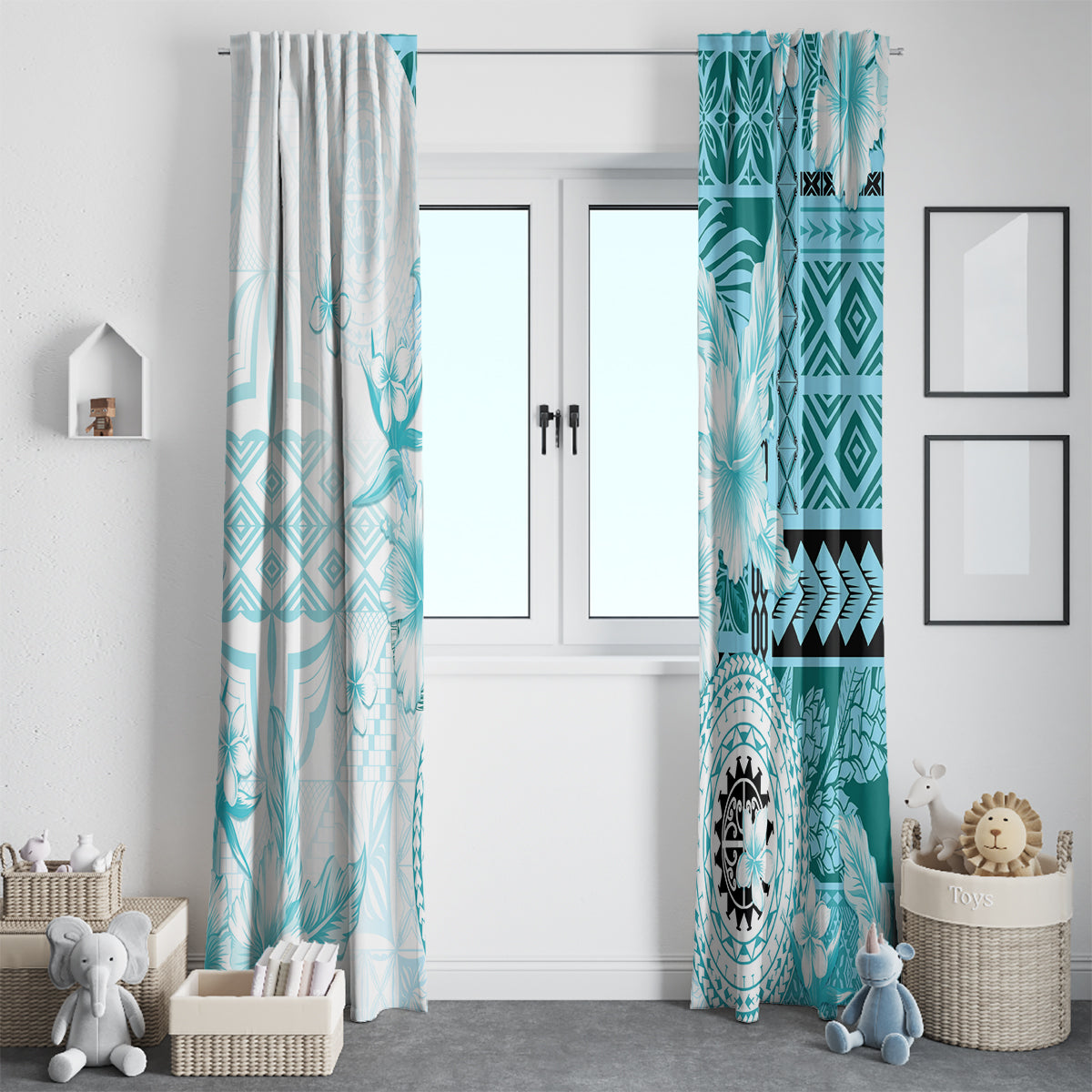 Samoa Siapo Pattern With Teal Hibiscus Window Curtain LT05 - Polynesian Pride