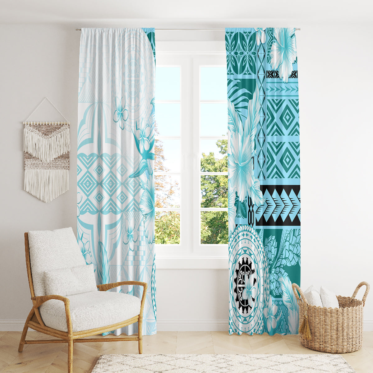 Samoa Siapo Pattern With Teal Hibiscus Window Curtain LT05 - Polynesian Pride