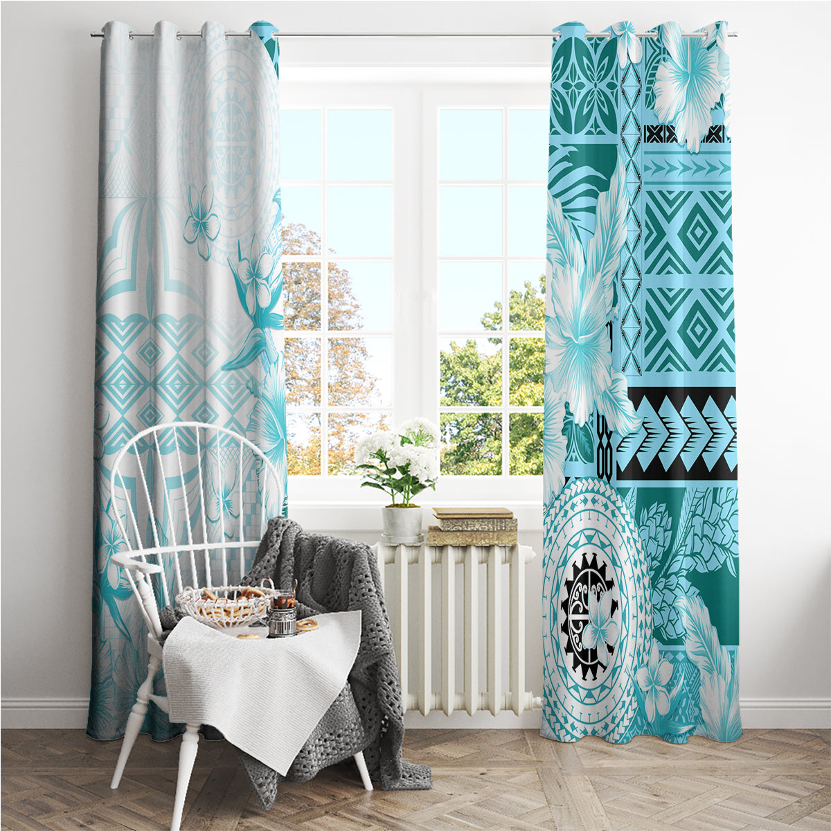 Samoa Siapo Pattern With Teal Hibiscus Window Curtain LT05 - Polynesian Pride