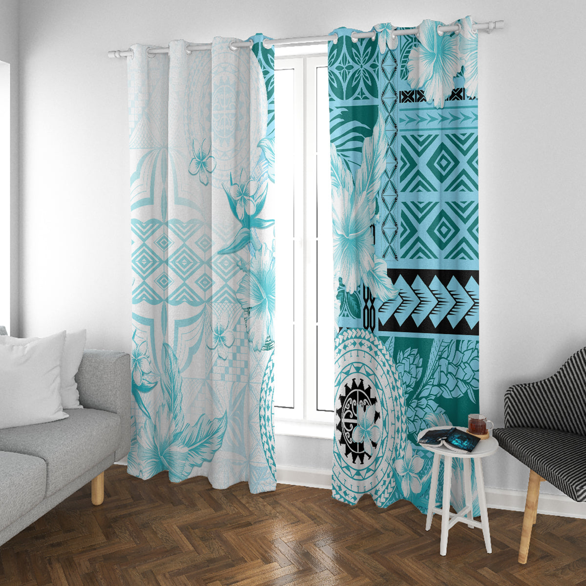 Samoa Siapo Pattern With Teal Hibiscus Window Curtain LT05 With Grommets Teal - Polynesian Pride