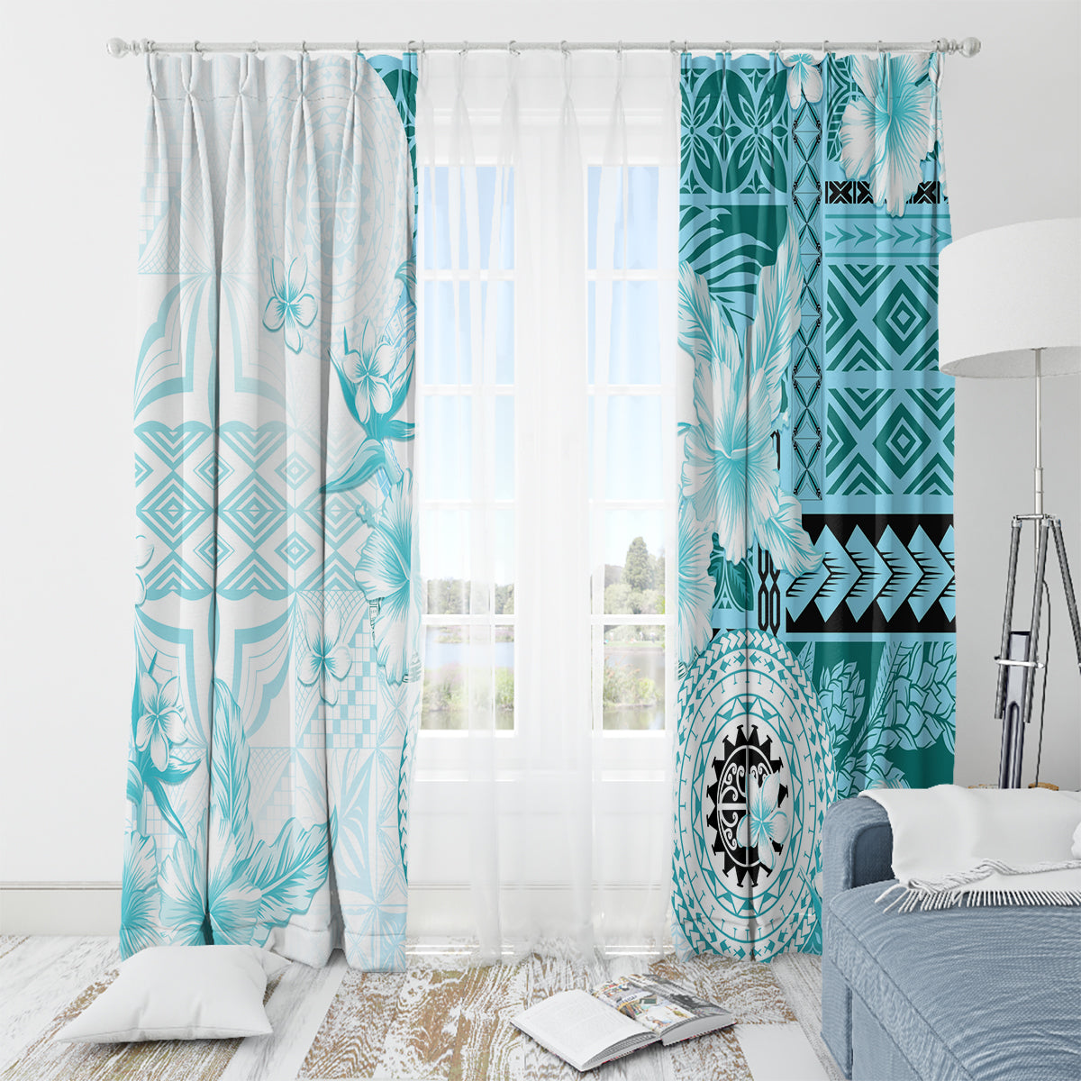 Samoa Siapo Pattern With Teal Hibiscus Window Curtain LT05 - Polynesian Pride