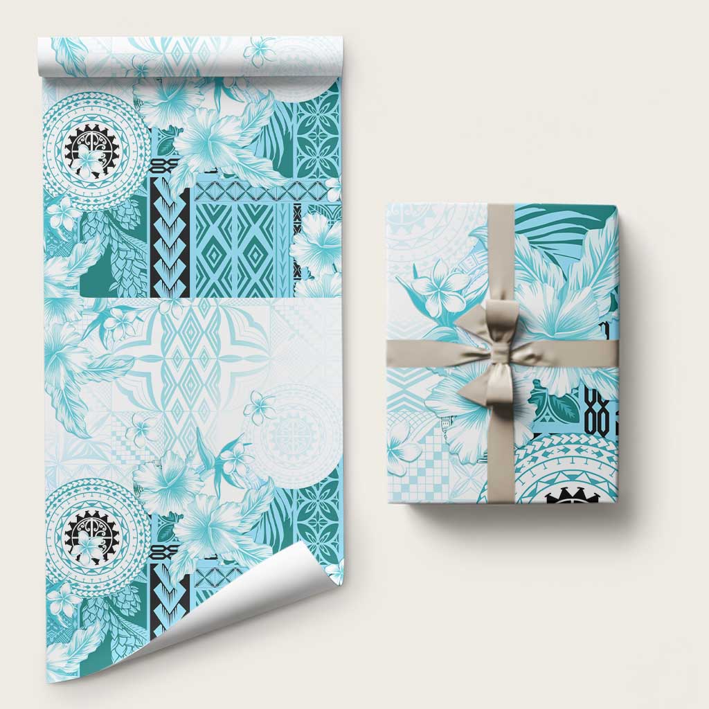 Samoa Siapo Pattern With Teal Hibiscus Wrapping Paper LT05 58" × 23" Teal - Polynesian Pride