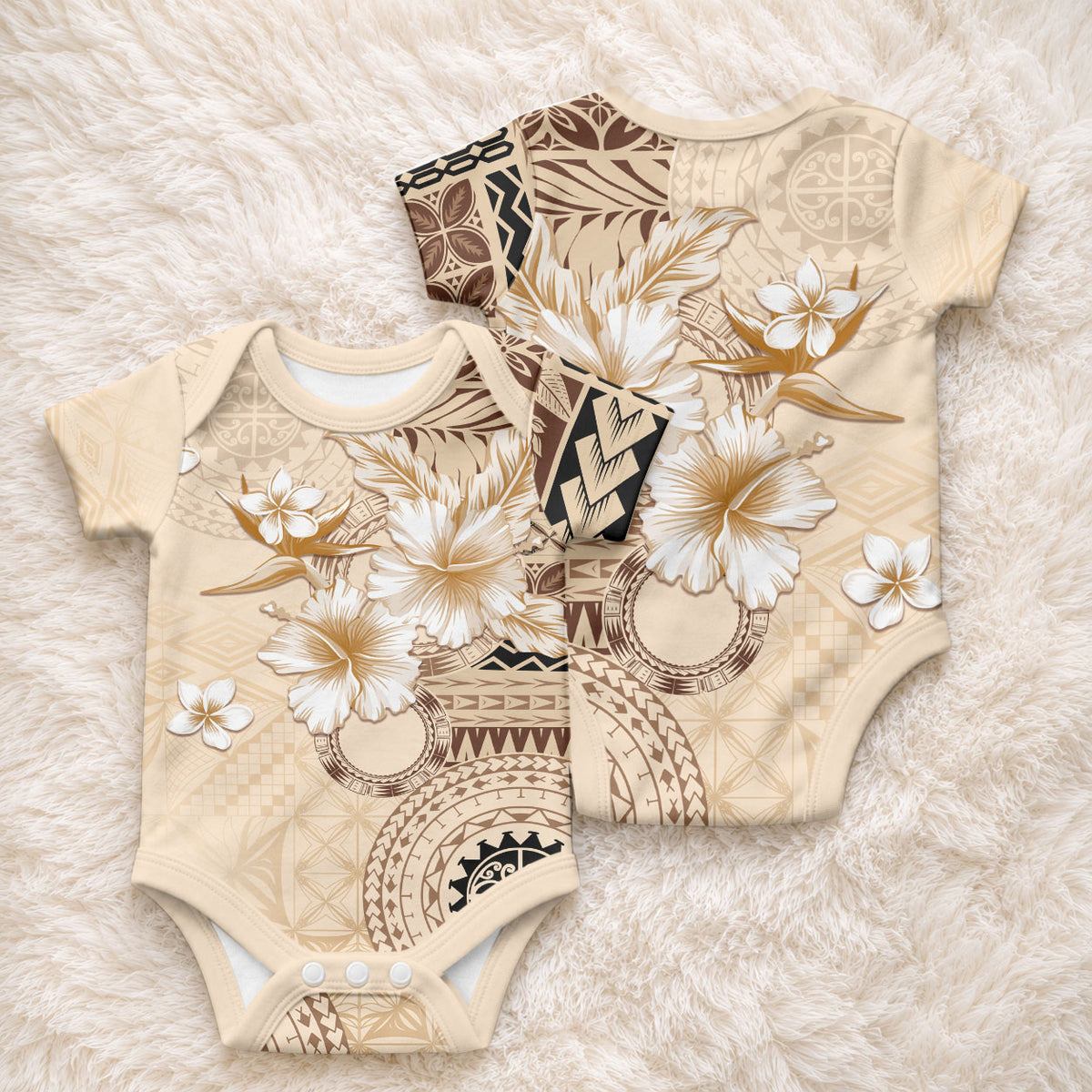 Samoa Siapo Pattern With Beige Hibiscus Baby Onesie