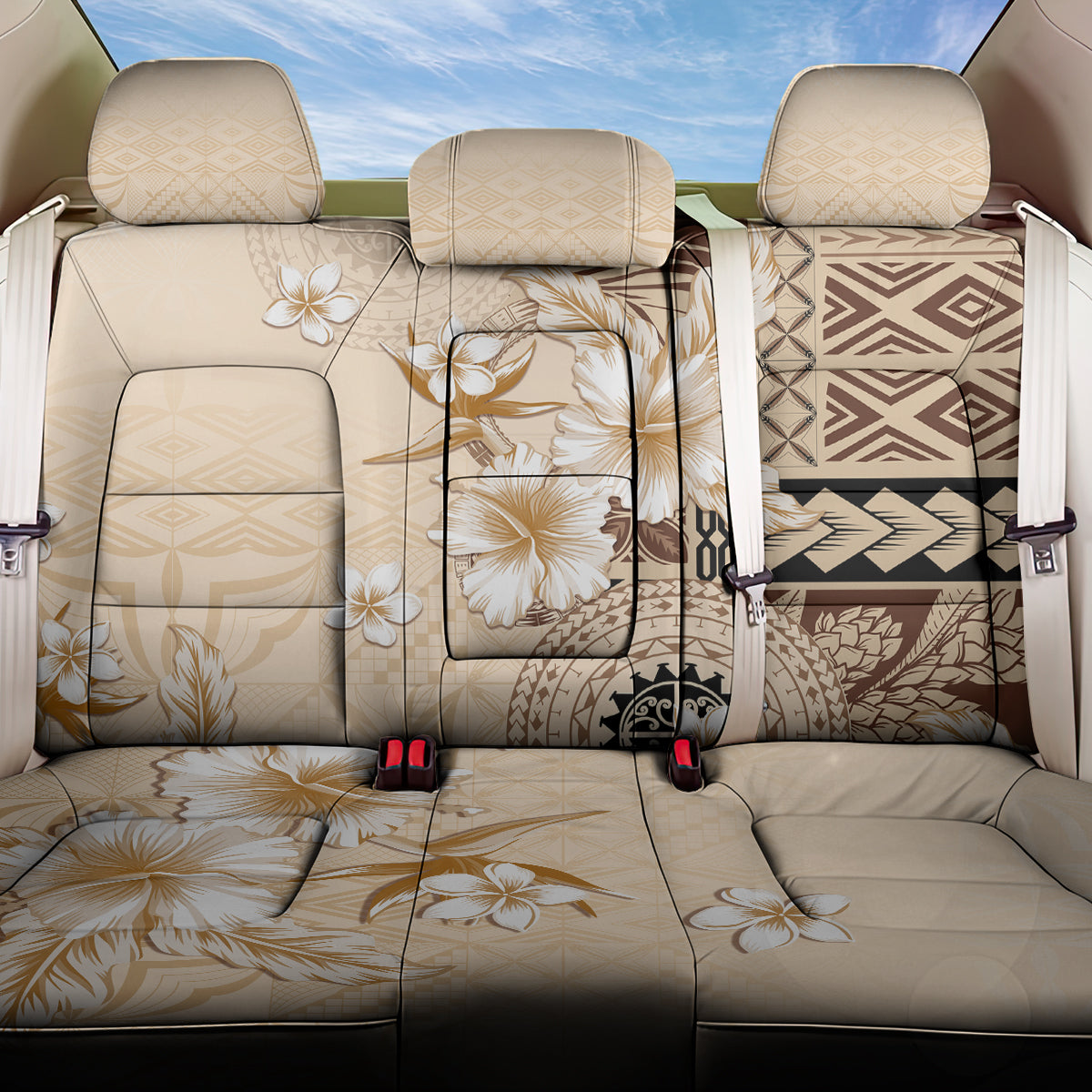 Samoa Siapo Pattern With Beige Hibiscus Back Car Seat Cover LT05 One Size Beige - Polynesian Pride