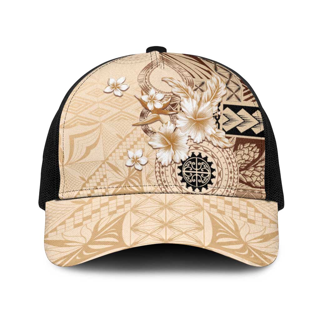 Samoa Siapo Pattern With Beige Hibiscus Baseball Net Cap LT05 One Size Black Beige - Polynesian Pride