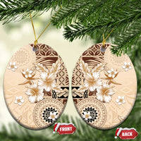 Samoa Siapo Pattern With Beige Hibiscus Ceramic Ornament LT05 Oval Beige - Polynesian Pride
