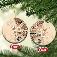 Samoa Siapo Pattern With Beige Hibiscus Ceramic Ornament LT05 Circle Beige - Polynesian Pride
