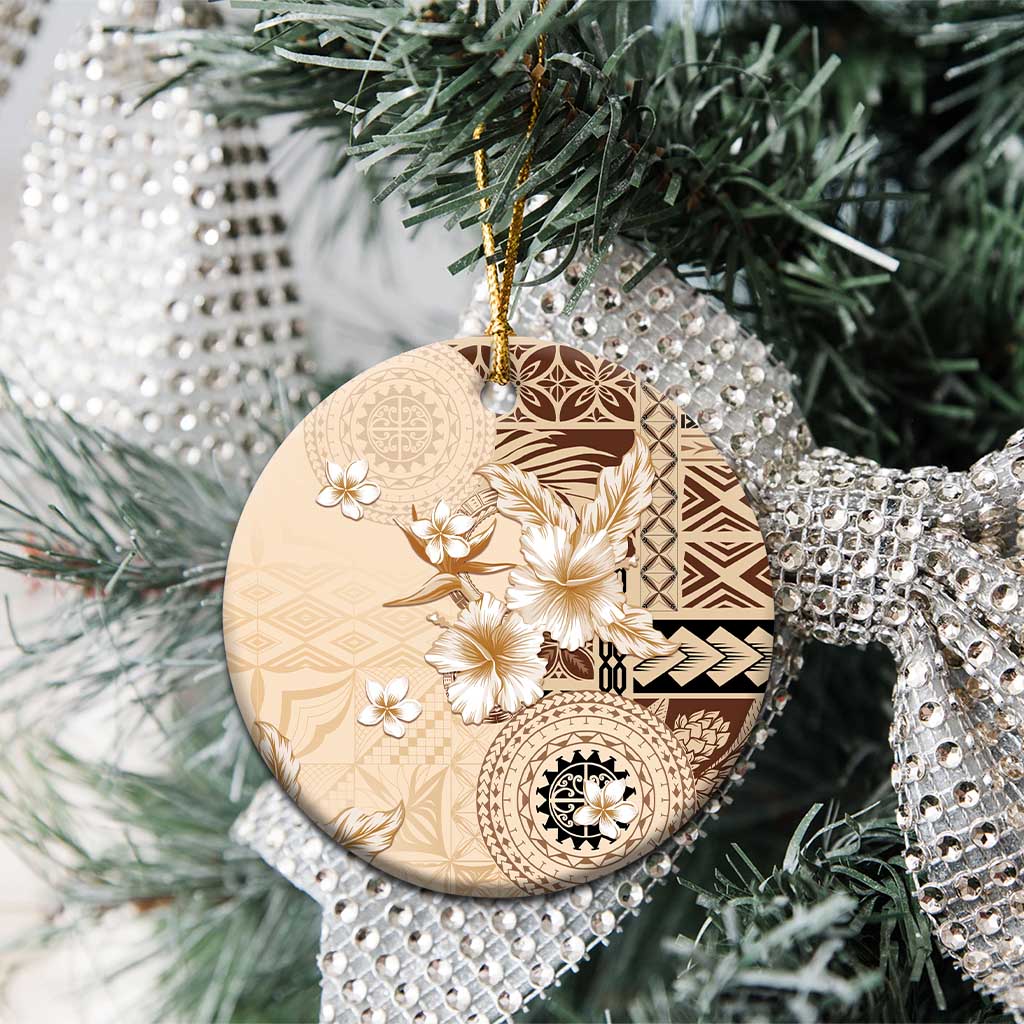 Samoa Siapo Pattern With Beige Hibiscus Ceramic Ornament LT05 - Polynesian Pride