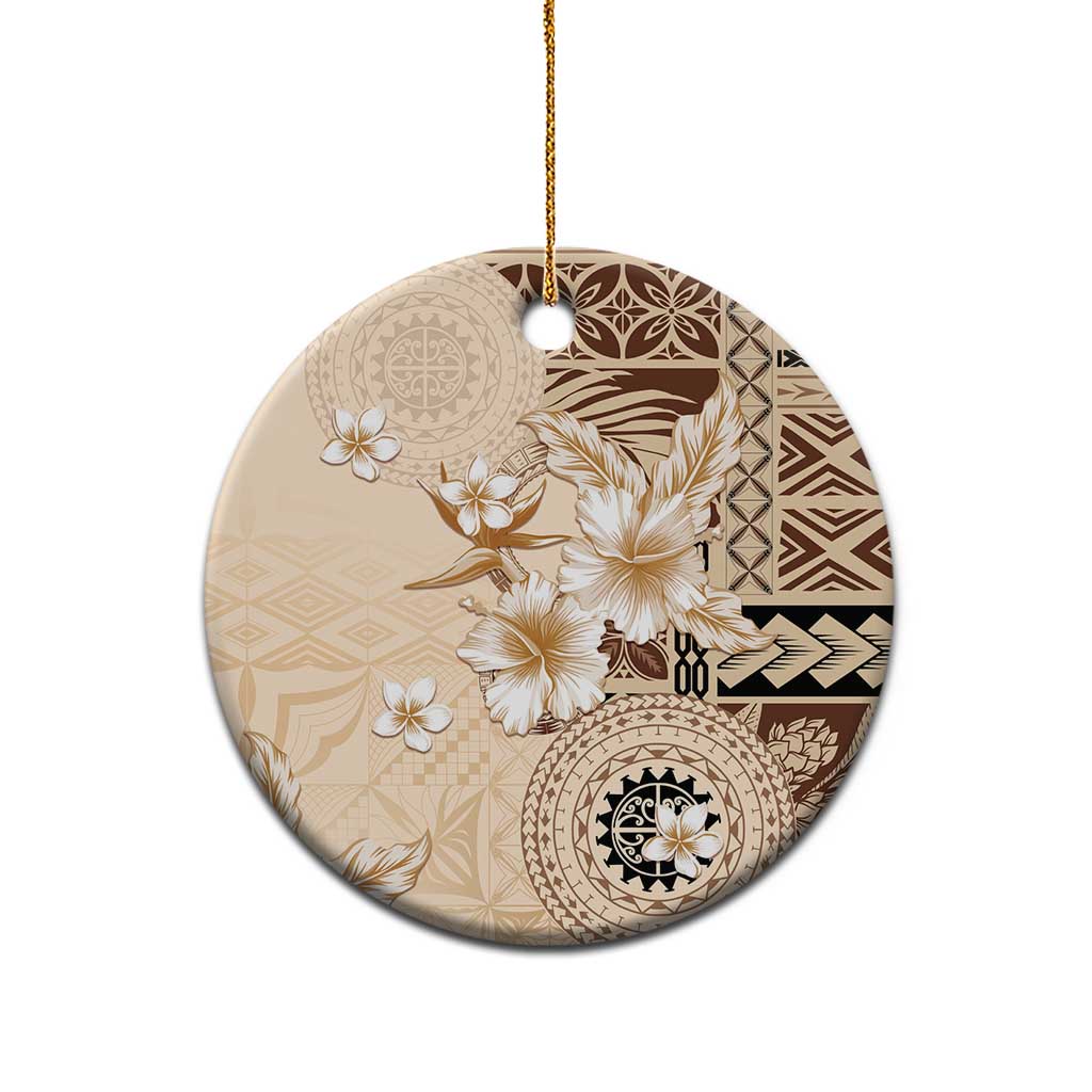 Samoa Siapo Pattern With Beige Hibiscus Ceramic Ornament LT05 - Polynesian Pride