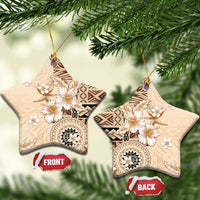 Samoa Siapo Pattern With Beige Hibiscus Ceramic Ornament LT05 Star Beige - Polynesian Pride