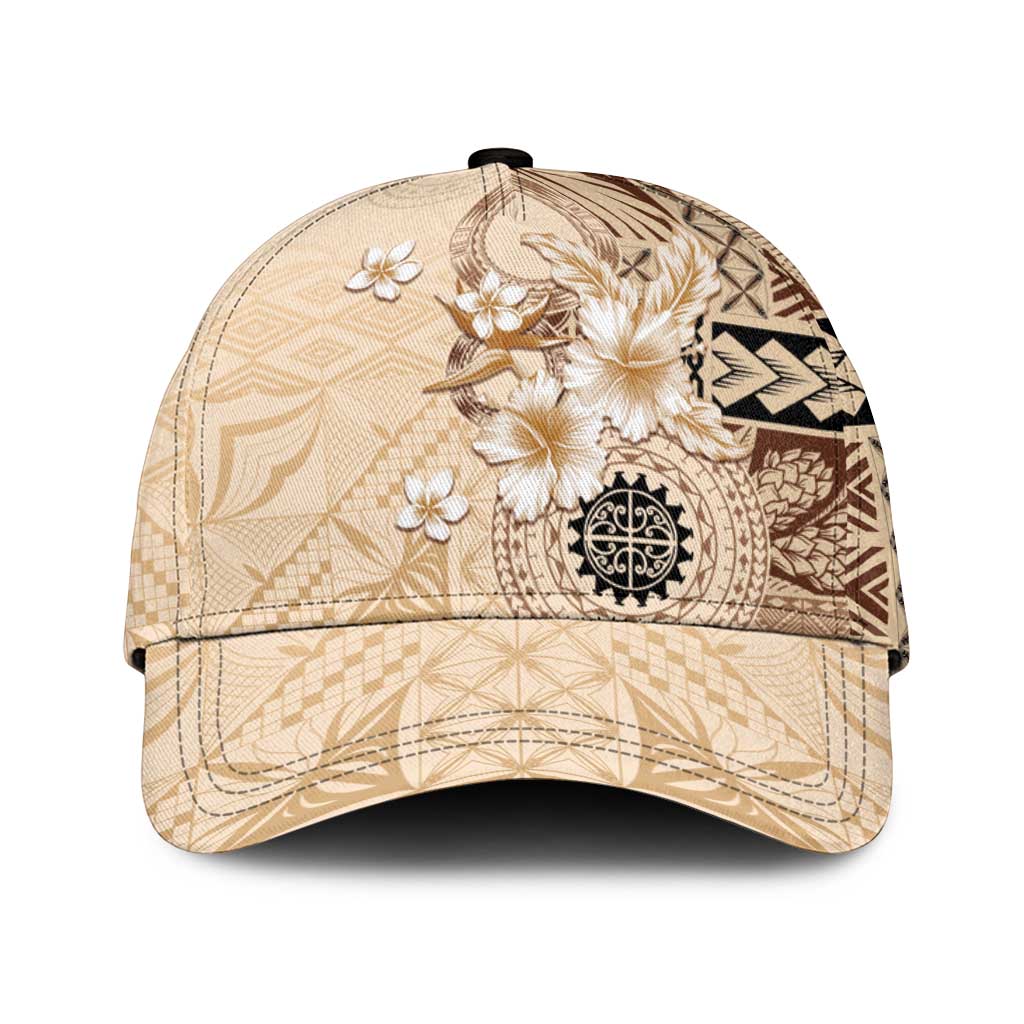 Samoa Siapo Pattern With Beige Hibiscus Classic Cap LT05 Universal Fit Beige - Polynesian Pride