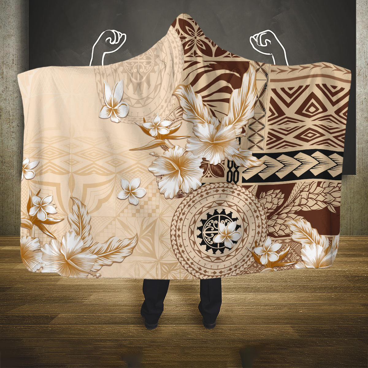 Samoa Siapo Pattern With Beige Hibiscus Hooded Blanket LT05 One Size Beige - Polynesian Pride