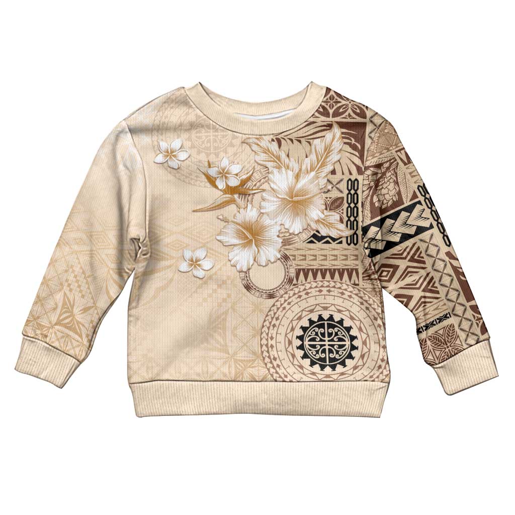 Samoa Siapo Pattern With Beige Hibiscus Kid Ugly Christmas Sweater LT05 Kid Beige - Polynesian Pride