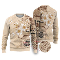 Samoa Siapo Pattern With Beige Hibiscus Ugly Christmas Sweater LT05 Beige - Polynesian Pride
