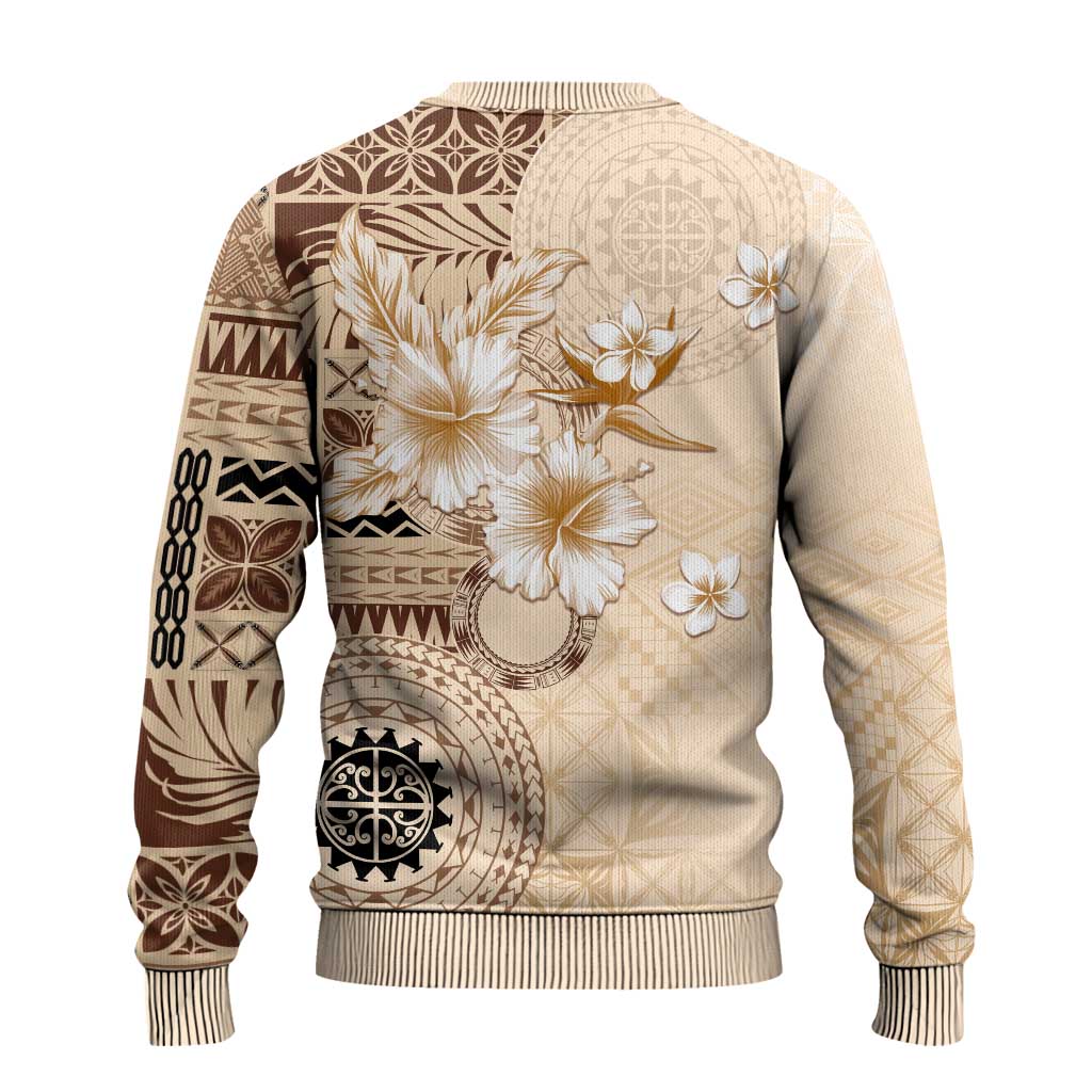 Samoa Siapo Pattern With Beige Hibiscus Ugly Christmas Sweater LT05 - Polynesian Pride