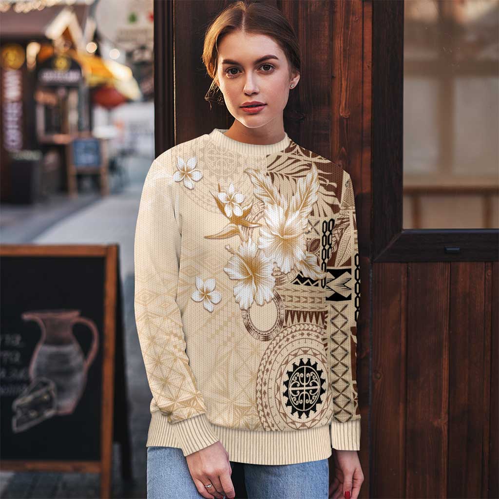 Samoa Siapo Pattern With Beige Hibiscus Ugly Christmas Sweater LT05 - Polynesian Pride