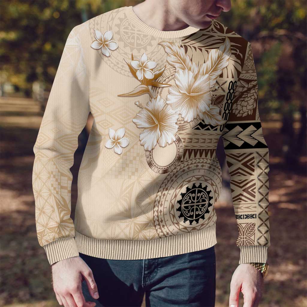 Samoa Siapo Pattern With Beige Hibiscus Ugly Christmas Sweater LT05 - Polynesian Pride
