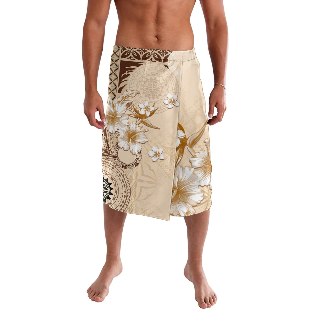 Samoa Siapo Pattern With Beige Hibiscus Lavalava LT05 Beige - Polynesian Pride