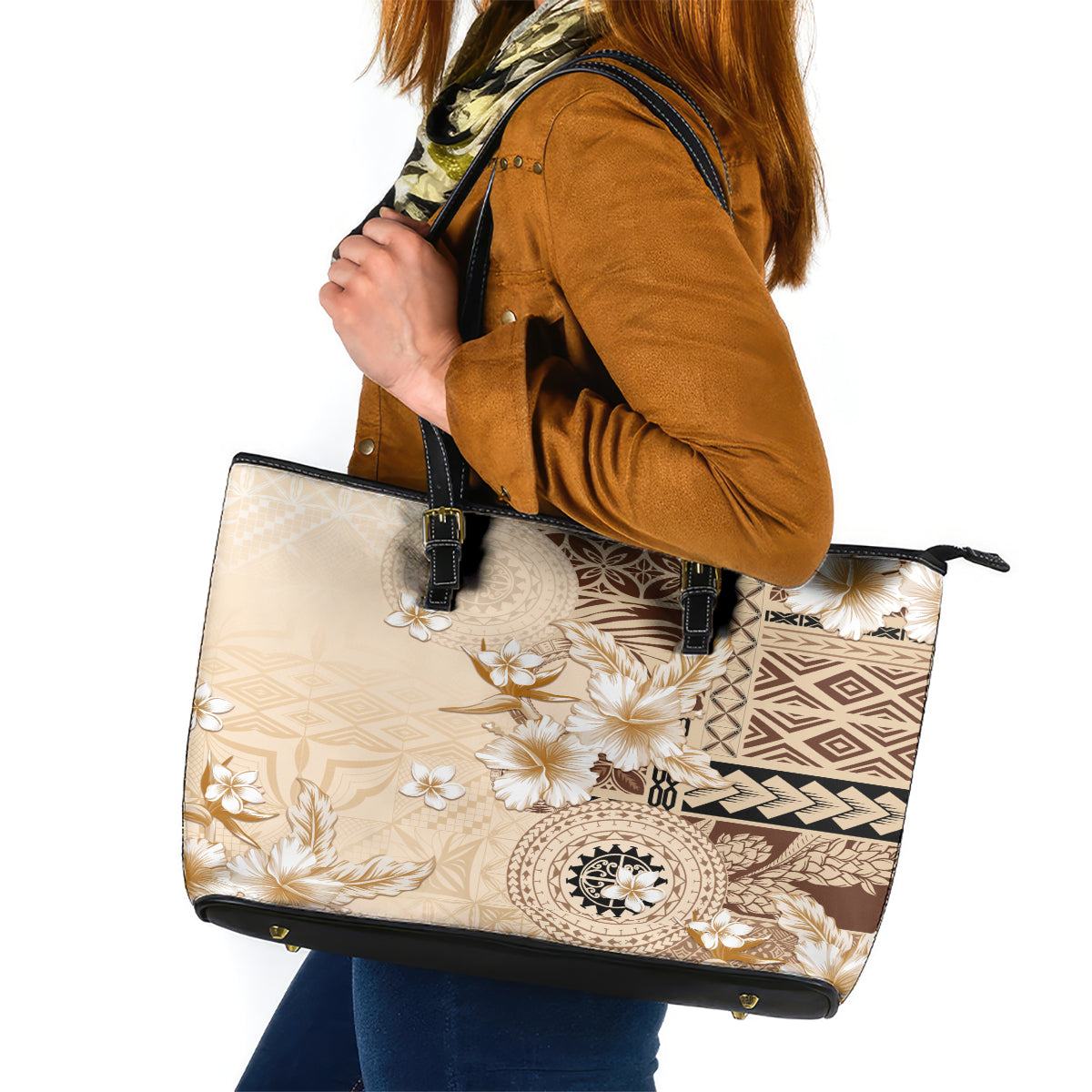 Samoa Siapo Pattern With Beige Hibiscus Leather Tote Bag LT05 Beige - Polynesian Pride