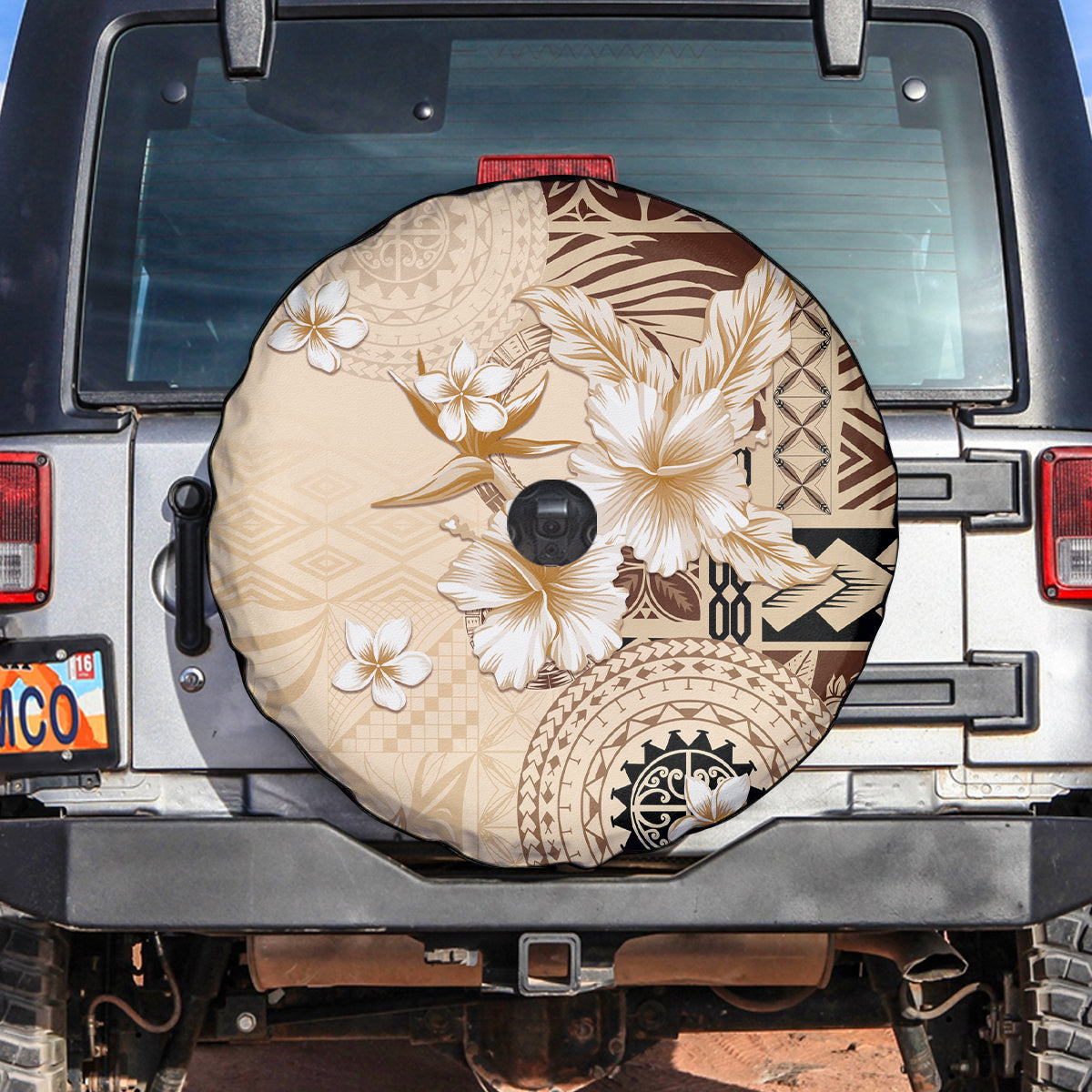 Samoa Siapo Pattern With Beige Hibiscus Spare Tire Cover LT05 Beige - Polynesian Pride
