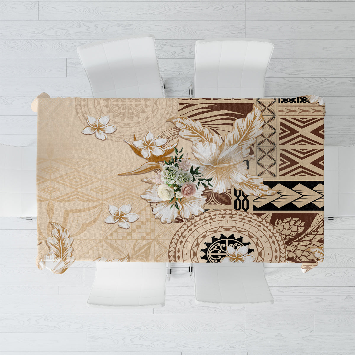 Samoa Siapo Pattern With Beige Hibiscus Tablecloth LT05 Beige - Polynesian Pride