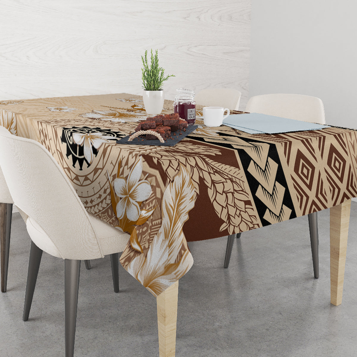 Samoa Siapo Pattern With Beige Hibiscus Tablecloth LT05 - Polynesian Pride